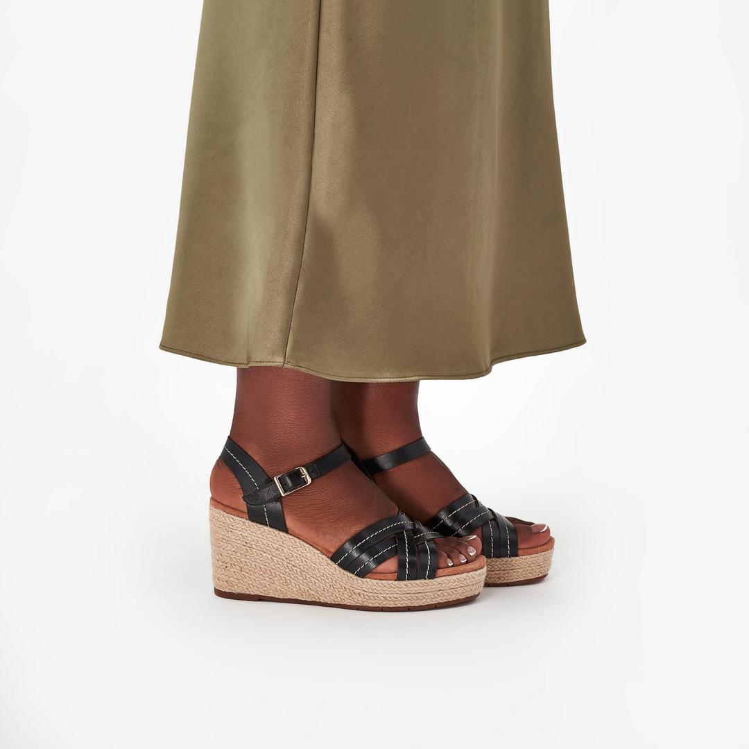 Women's Sabina Strap Black Leather Wedges - Image 2