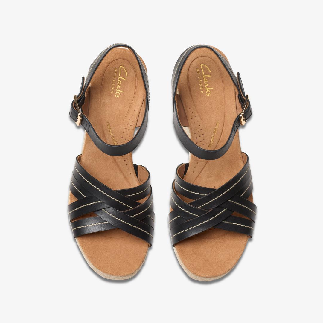 Women's Sabina Strap Black Leather Wedges - Image 7